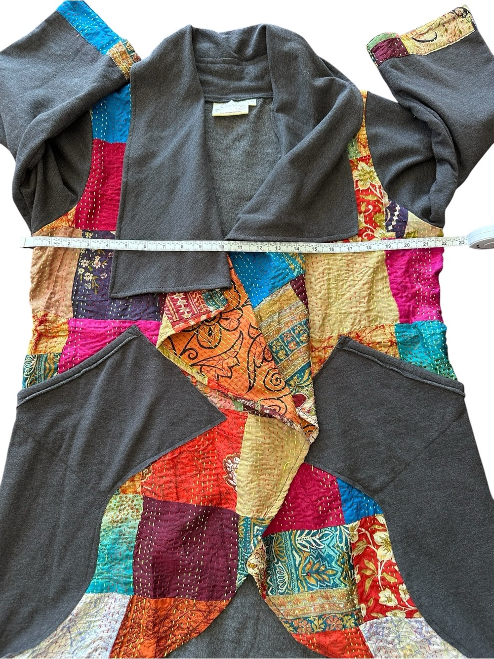 Paper Lace Womens Gray Kantha Patchwork Open Front Duster Cardigan Jacket Medium - Picture 8 of 9
